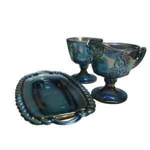 Indiana Glass Co Carnival Glass Sugar Creamer & Tray Set 0407 Iridescent Blue